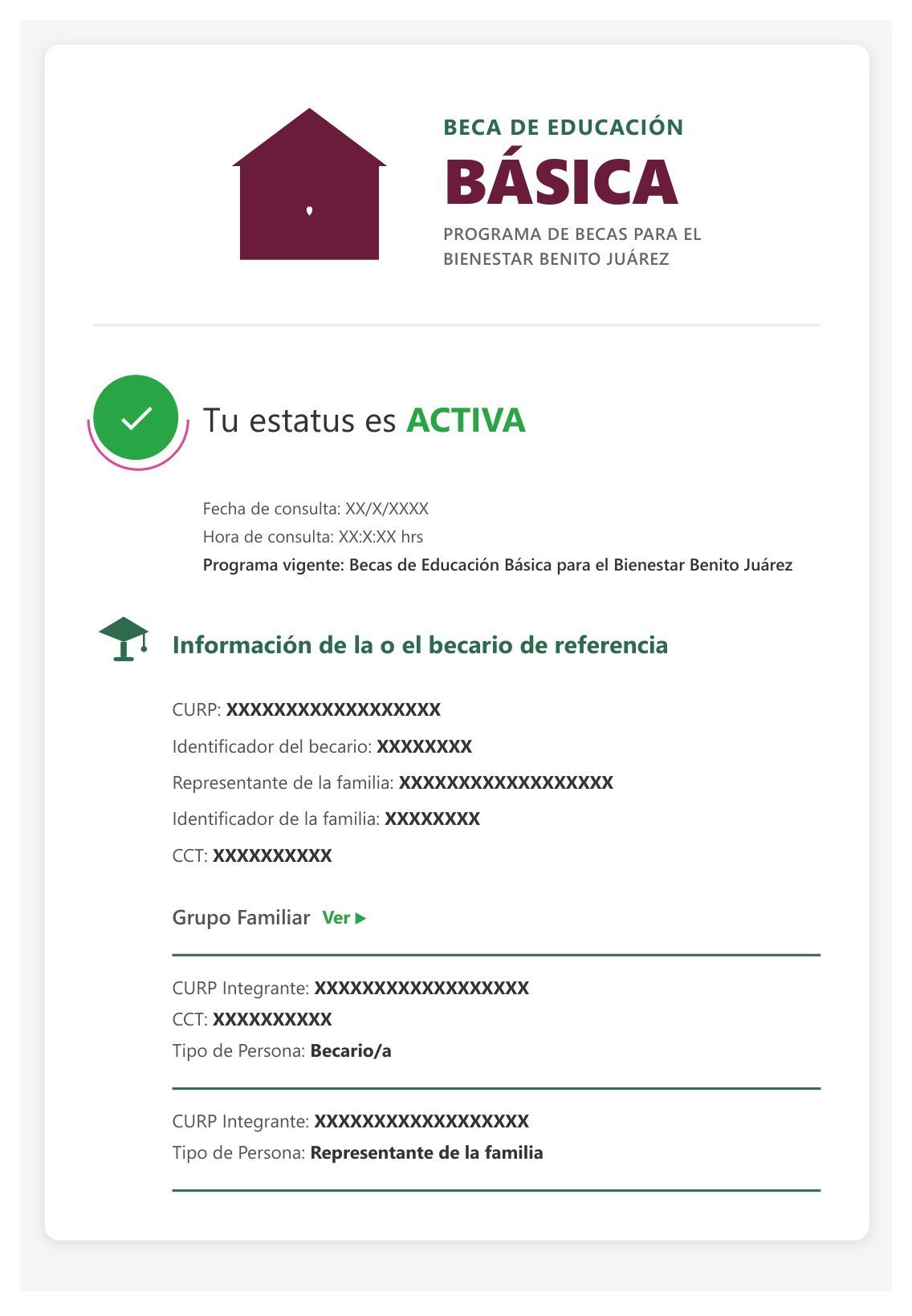 Pantalla del Buscador de Estatus mostrando beca Benito Juárez con estatus ACTIVA