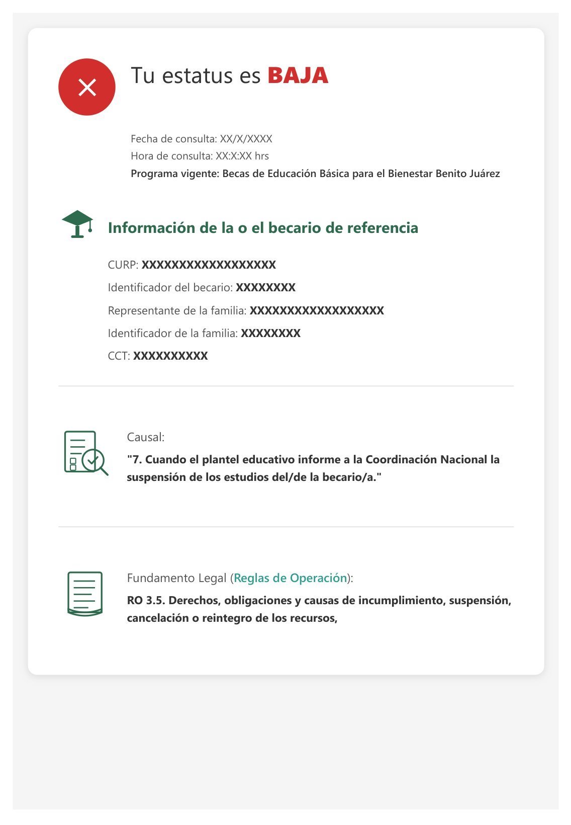 Pantalla del Buscador de Estatus mostrando beca Benito Juárez con estatus BAJA