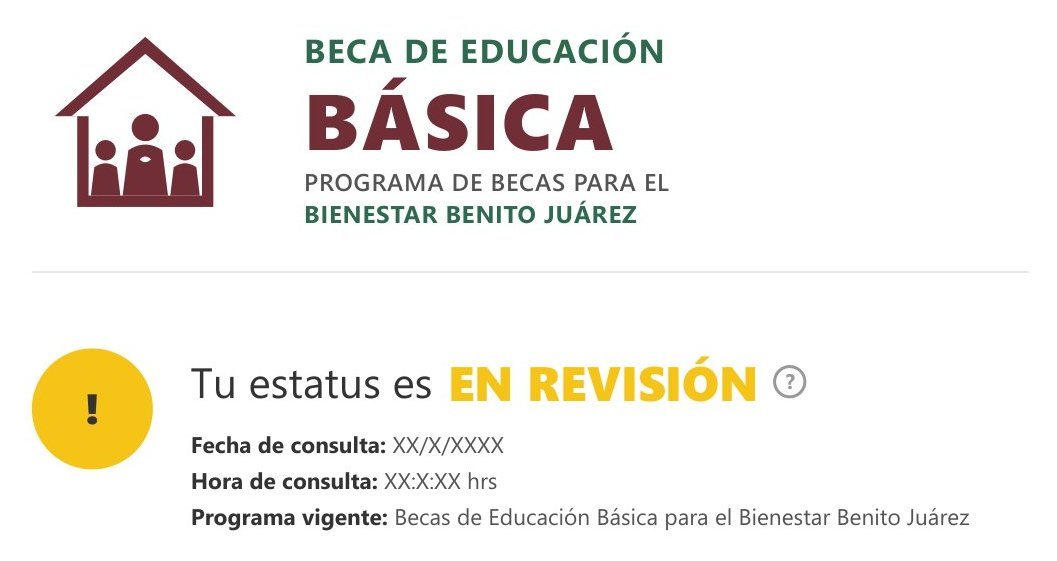 Pantalla del Buscador de Estatus mostrando beca Benito Juárez con estatus EN REVISIÓN